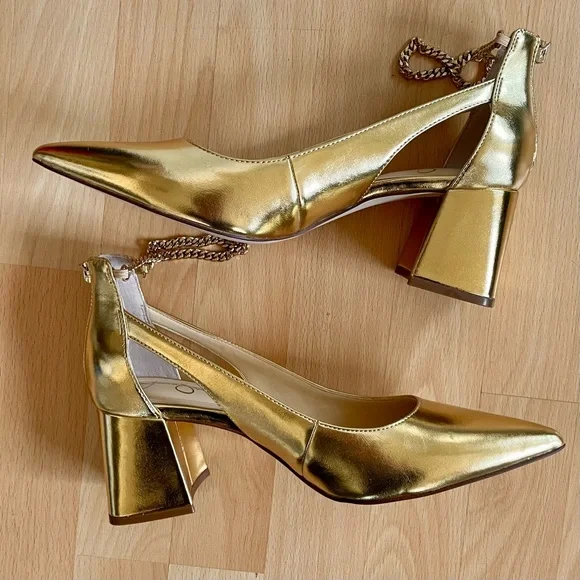 Jessica Simpson Women's Sylan Gold Metallic Square Heels, Chain Straps, Cutout - Picture 8 of 11